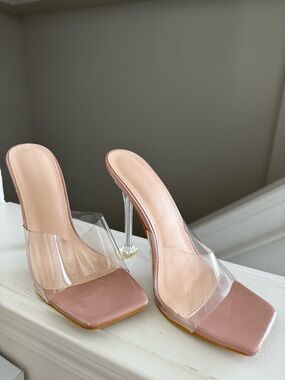 SHEIN Blush Pink Clear Strap Mule Heels